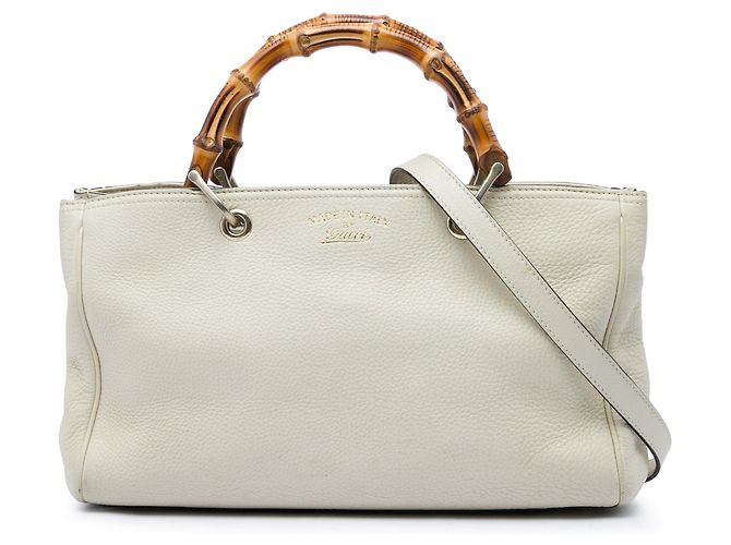 Bamboo Bolsa Shopper Satchel Gucci Medium em couro de bezerro branco com bambu