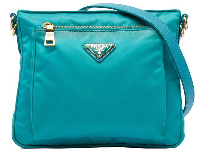 Bolsa Crossbody Prada em Tessuto azul com acabamento em Saffiano e fecho de correr