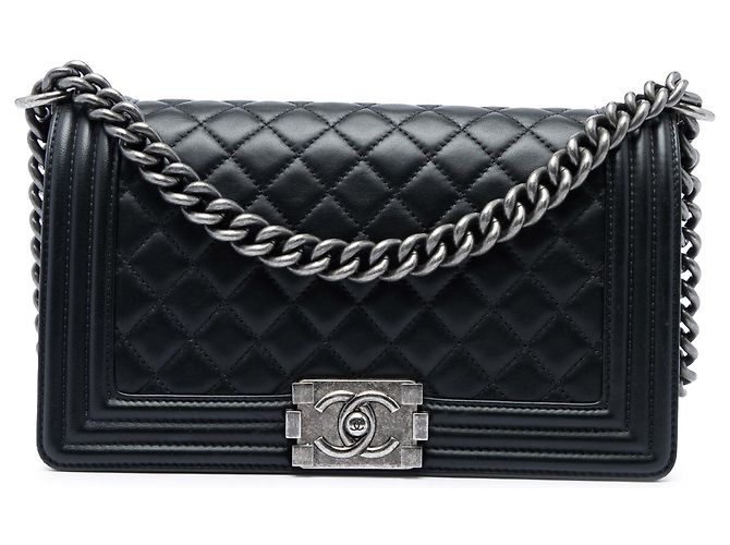 Borsa a tracolla Chanel Boy Flap in pelle d'agnello matelassé, nera, dimensione Old Medium Nero