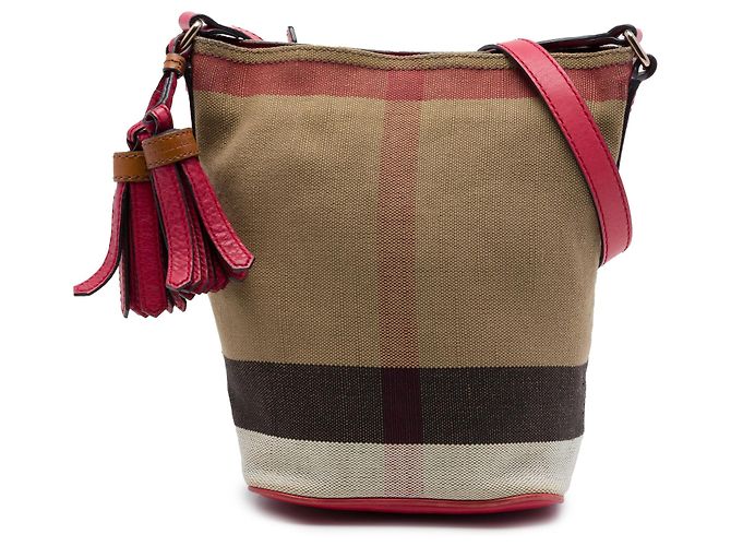 Borsa a secchiello Burberry Mini Mega Check Canvas Ashby con nappe marrone