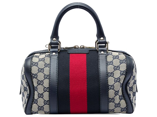 Bolsa Boston Satchel Gucci Small GG Canvas Web Joy Bege