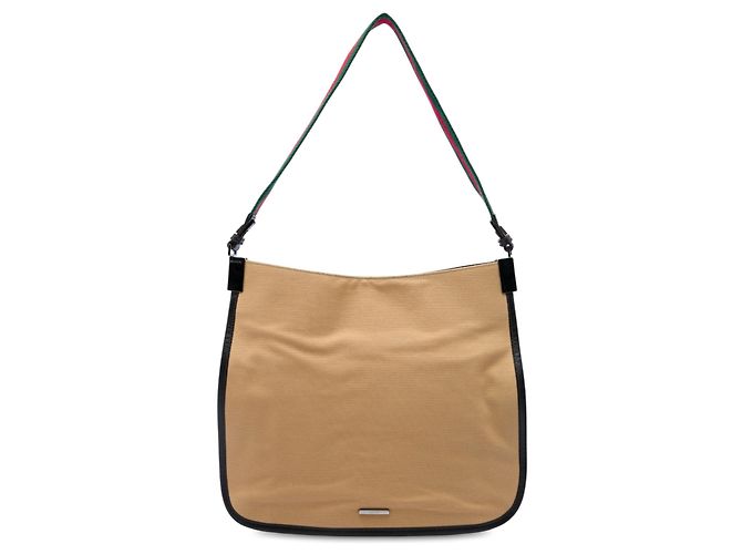 Bolsa de Ombro Gucci em Lona Bege com Web