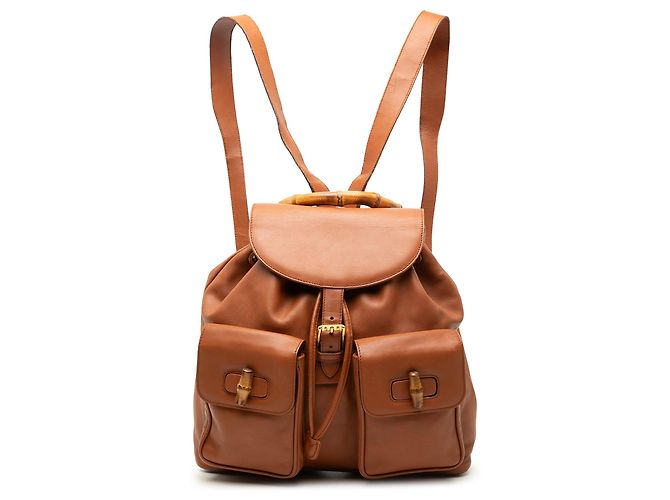 Bamboo Zaino Gucci Large in pelle di vitello marrone con coulisse e bambù