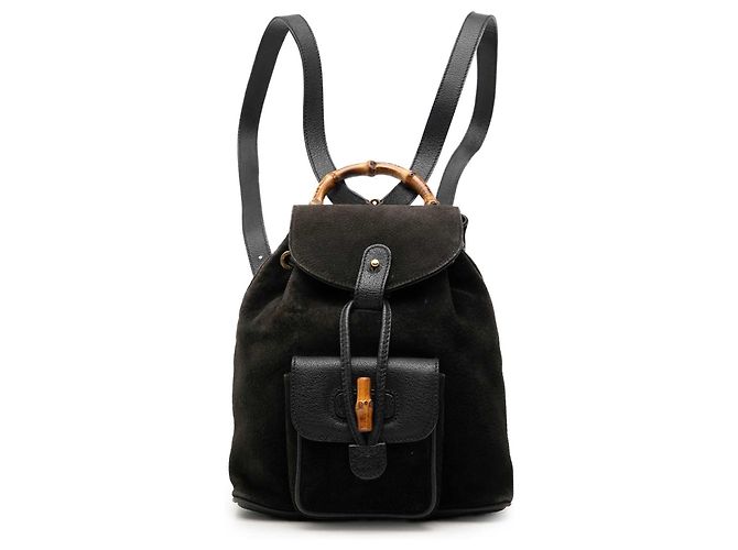 Black Gucci Suede Bamboo Drawstring Backpack