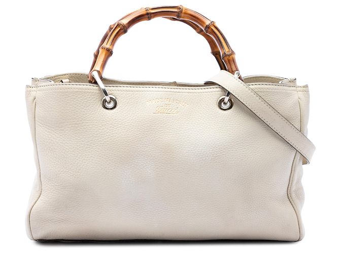 Bamboo Bolsa Gucci Medium Shopper Satchel em couro de bezerro branco com bambu