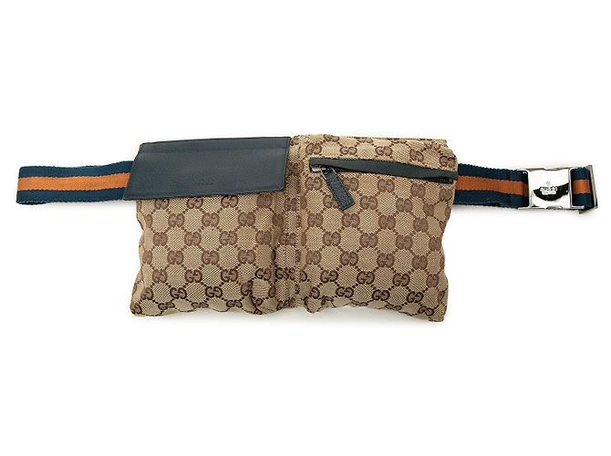 Bolso cinturón Gucci GG Canvas Web con doble bolsillo, beige