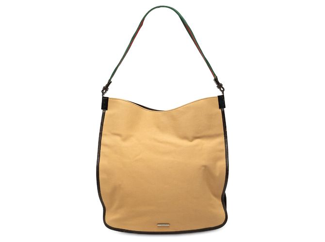 Bolsa de Ombro Gucci em Lona Bege com Web