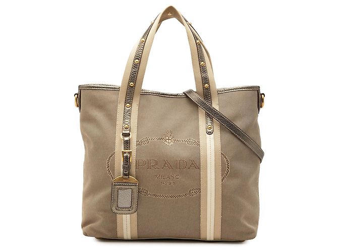 Bolsa Satchel Prada em lona Canapa bege com logo