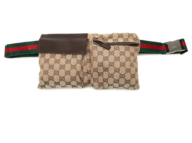 Bolso cinturón Gucci GG Canvas Web de doble bolsillo, beige