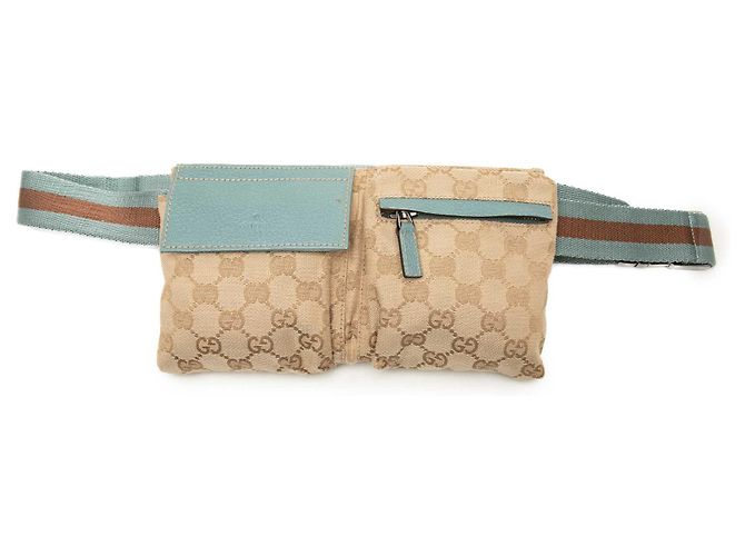 Bolso cinturón Gucci GG Canvas Web con doble bolsillo Beige