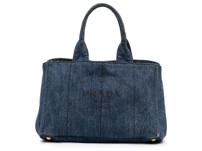 Borsa Tote Satchel Prada Denim Canapa Logo blu