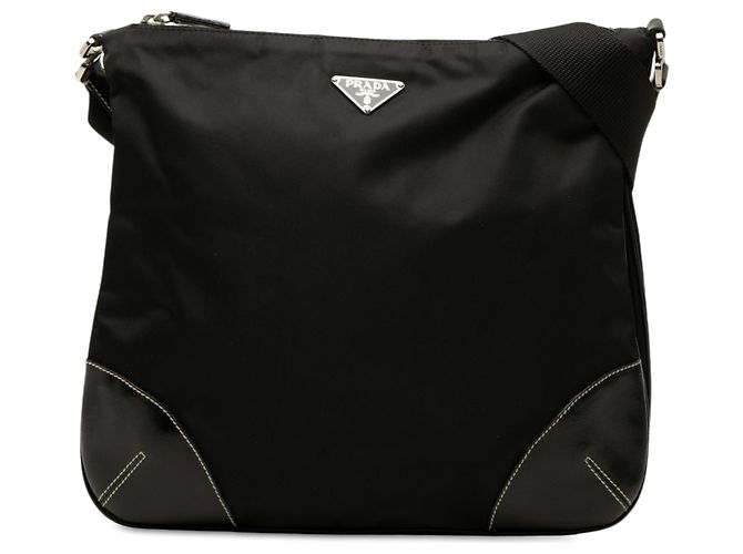Bolsa Tiracolo Prada em Tessuto com Acabamento em Vitello Preta com Zíper Preto