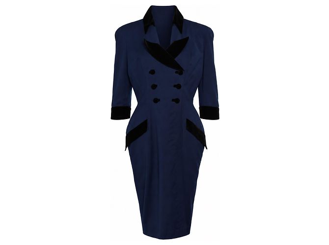 Thierry mugler, blaues Kleid mit Samtkragen Schwarz