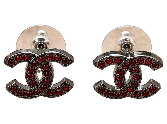 Chanel CC Red Crystal Stud Earrings Dark red Metallic