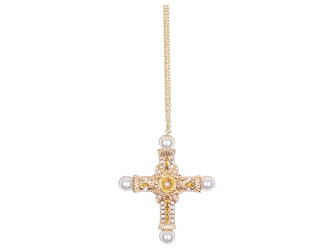Collana Croce con Perle Color Oro Dolce & Gabbana anni 2000