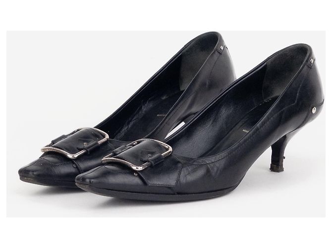 Prada 2000s Square Toe Buckle Loafer Pump Kitten Heels Black