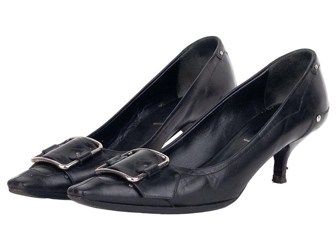 Prada 2000s Kitten Heels Loafer Pumps mit quadratischer Kappe und Schnalle Schwarz