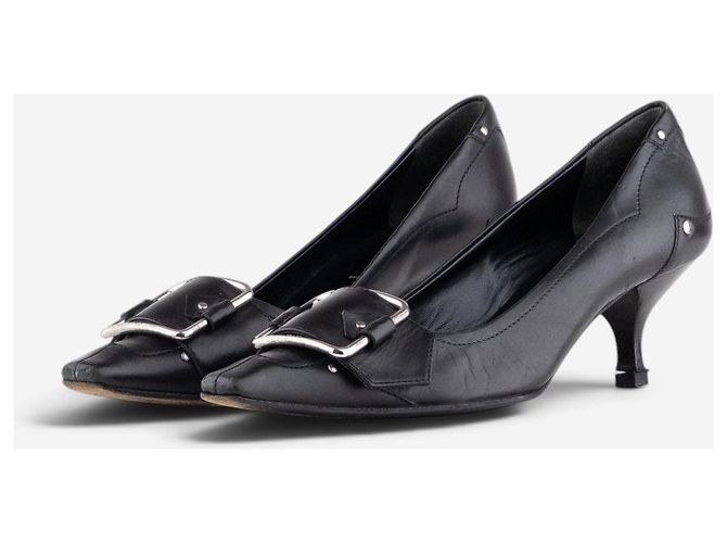 Prada 2000s Square-Toe Large Buckle Kitten-Heel Pumps Black