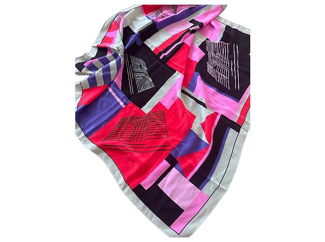 Pañuelo de seda Hermès estampado abstracto arquitectónico Negro Rosa Roja Beige Púrpura