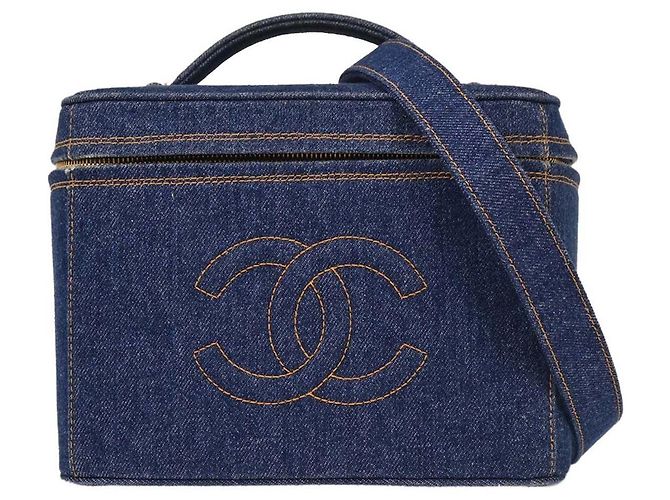 Chanel Vintage Vanity Case Printed Denim Medium Blau