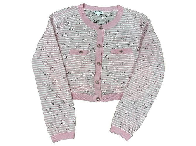 Chanel Chaqueta de punto a rayas rosa y blanco