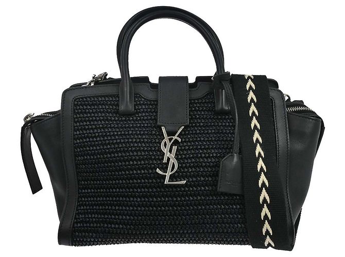 Autre Marque Saint Laurent Monogram Cabas Downtown Raffia and Leather Baby Noir