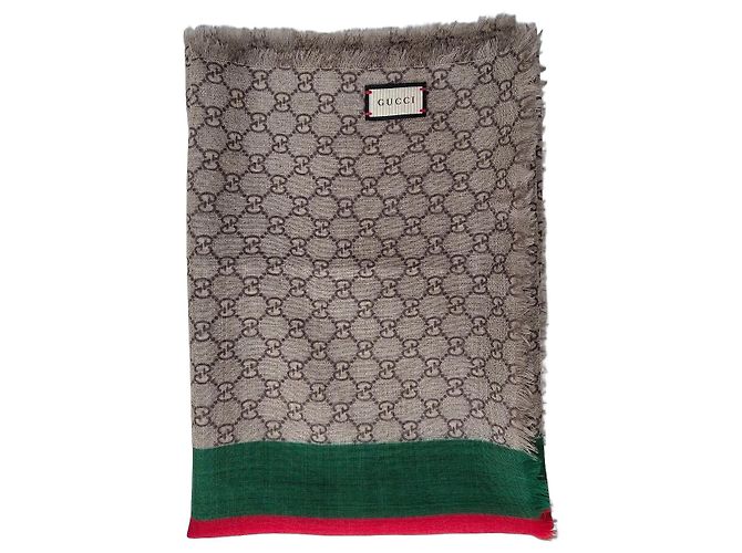 Sciarpa Gucci GG Supreme in lana con banda Web Rosso Beige Verde
