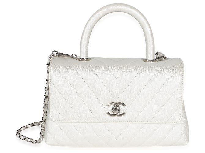 Gabrielle Sac Chanel Mini Coco Top Handle en cuir Caviar Silver Chevron
