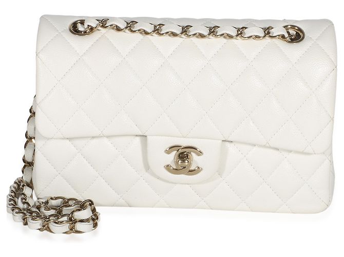 Gabrielle Bolsa Chanel Small Classic Double Flap em couro caviar matelassê branco