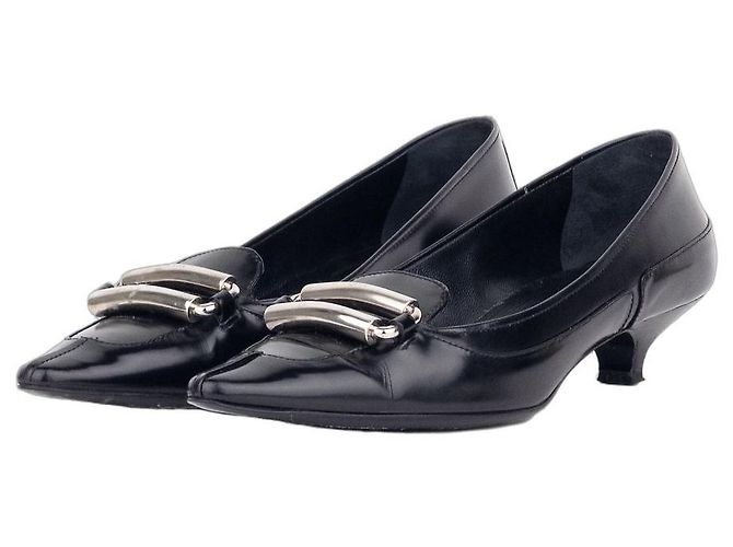Prada 2000s Large Buckle Pump Kitten Heels Black