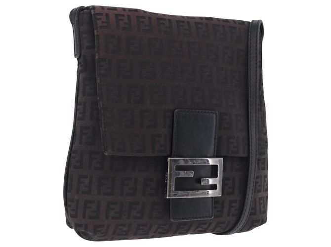 FENDI Zucchino Canvas Shoulder Bag Black Silver