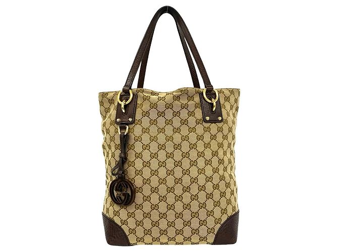 Gucci GG Pattern Canvas Leather Tote Bag Brown Beige