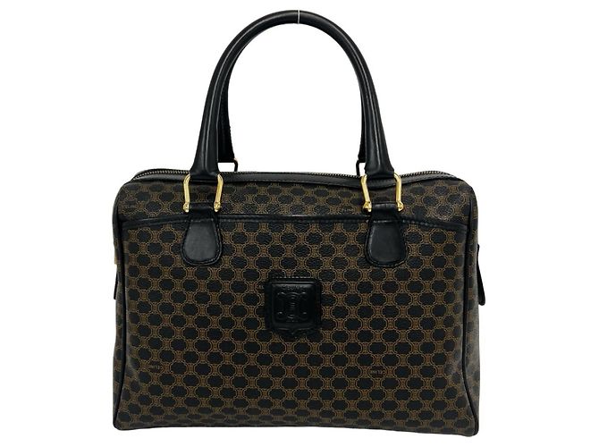 Céline Celine Vintage Macadam Blazon Pattern Handbag Mini Boston Bag Brown Black