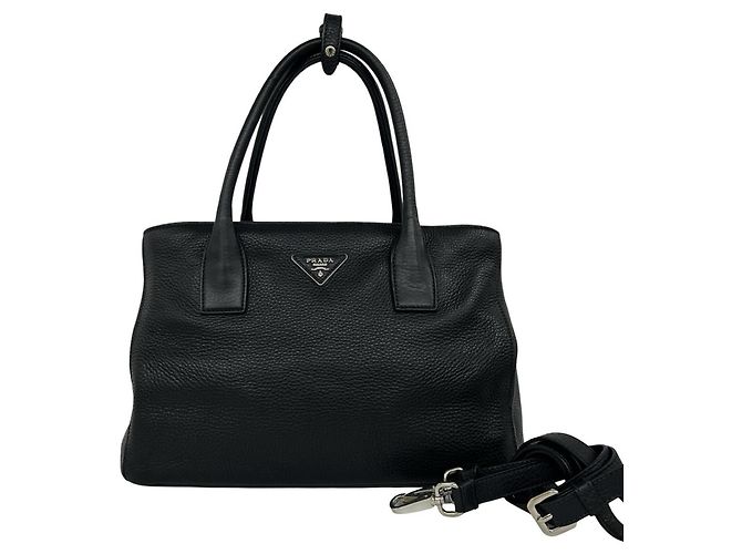 Prada Triangle Logo Hardware Vitello Daino Leather Tote Bag Black