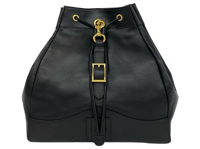 Gucci Vintage Logo Hardware Leather Drawstring Backpack Black