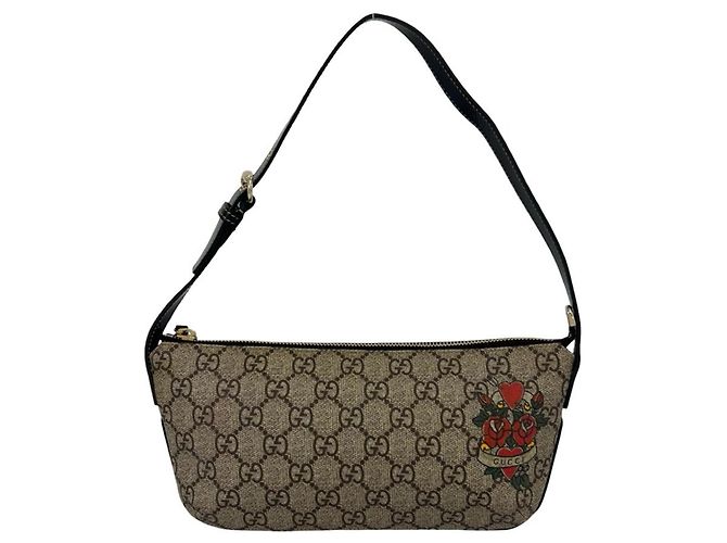 Bolsa de mão em couro Gucci GG Supreme Pattern Heart Marrom