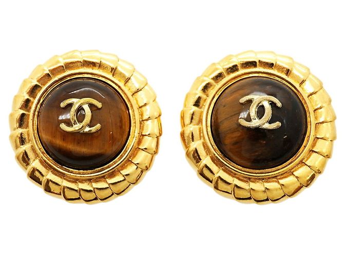 Orecchini a clip Chanel con occhio di tigre Marrone D'oro