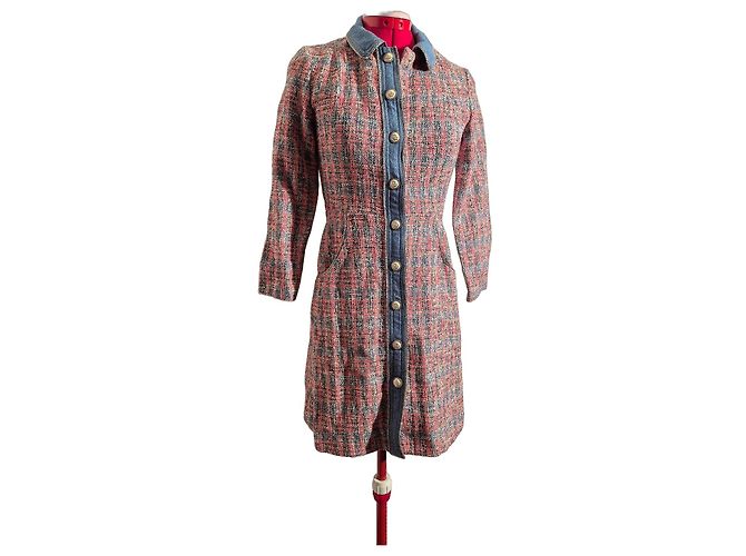 Maje Tweed-Kleid mit Denim-Details Weiß Rot Blau
