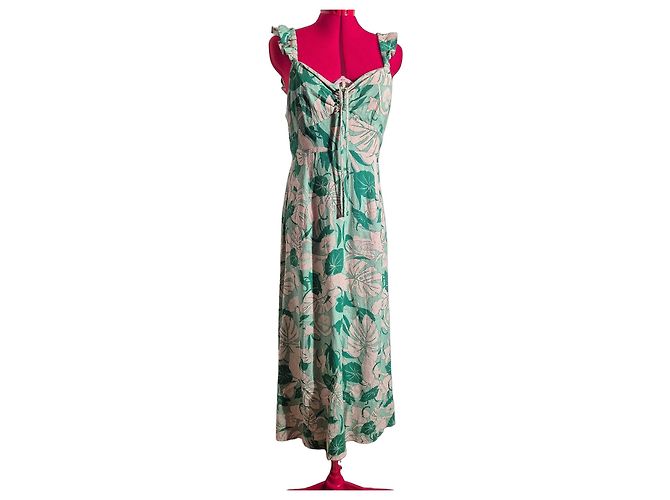 Autre Marque Rixo Abito Maxi Cécile Stampa Tropicale Rosa Verde