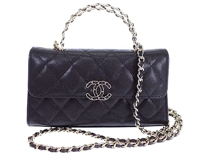 Porta-telemóvel com aba Chanel Black Caviar Coco First com corrente Preto