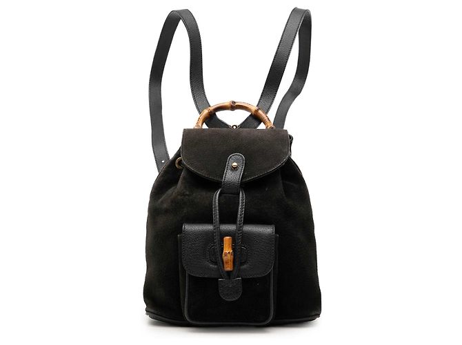 Gucci Black Suede Bamboo Drawstring Backpack