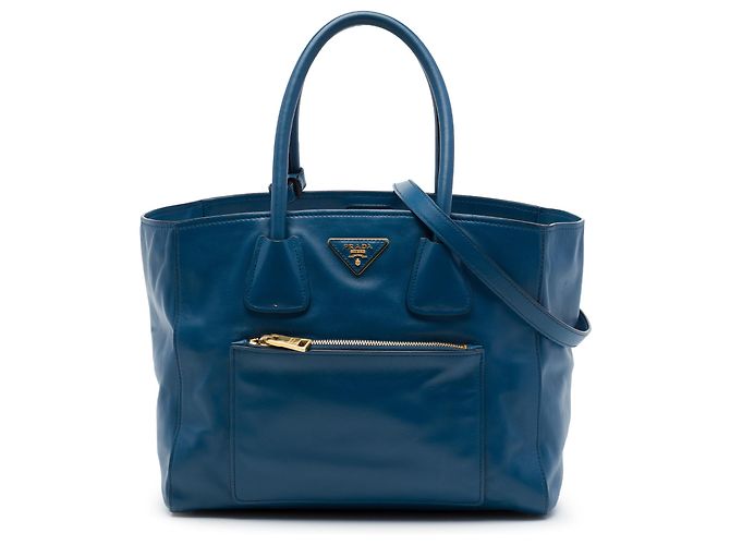 Tote Borsa Shopping Prada in vitello morbido blu con tasca frontale