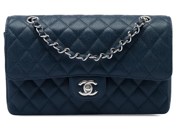 Chanel Blue Medium Classic Caviar Double Flap Blu navy