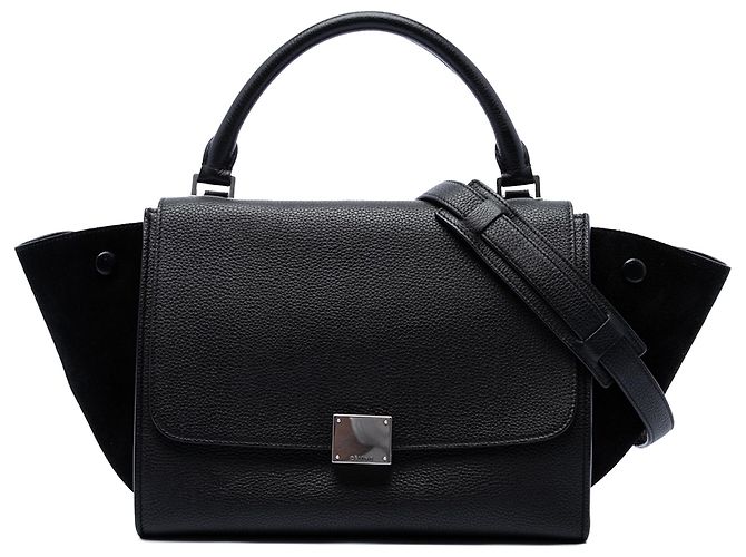 16 Céline Bolsa Trapeze Celine em couro de bezerro drummed e camurça preta, Small Preto