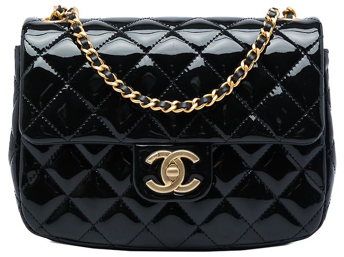 Chanel Black Mini Square Classic Patent Enamel Coco Hearts Single Flap Noir
