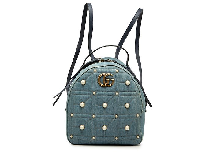 Gucci Blue Small GG Marmont Rucksack aus gestepptem Denim mit Perlen Blau
