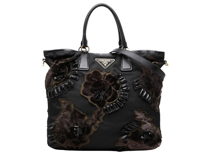 Prada Tote Bag mit Perlenblumen Schwarz