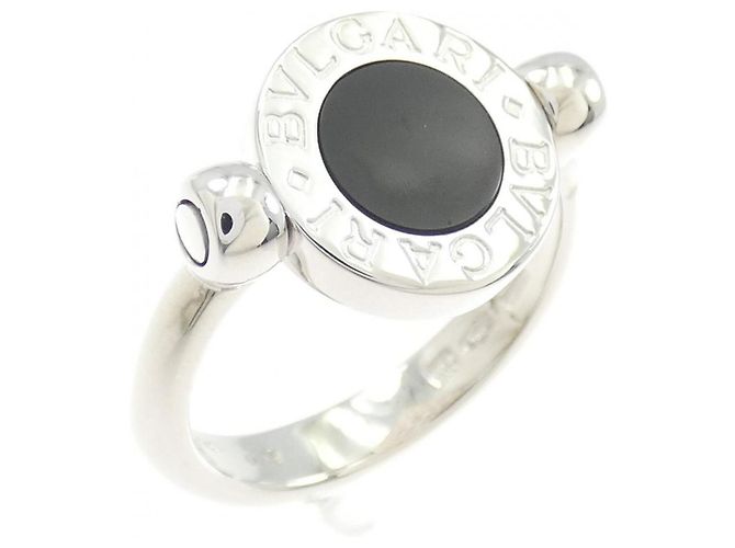 Bulgari Anel Aliança Bvlgari em Ouro Branco com Diamante e Ônix