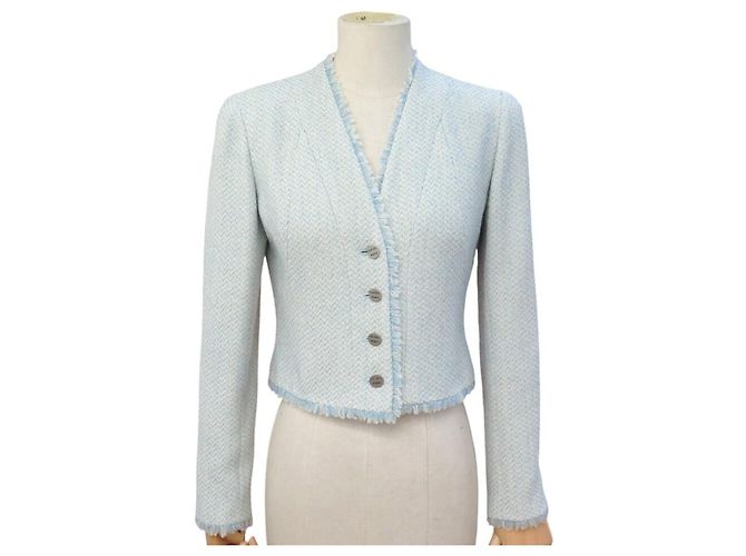 CHANEL SHORT JACKET LOGO BUTTONS P14754 M 38 LIGHT BLUE WOOL TWEED JACKET