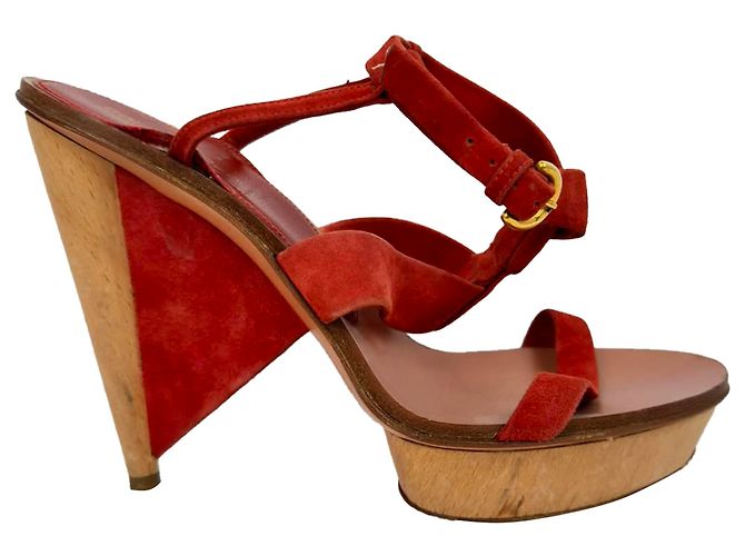Sergio Rossi Ankle Strap Platform Sandal Heels in Red Suede